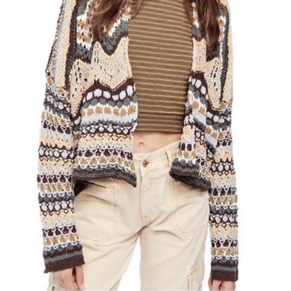 Free People Cropped Crochet Cardigan in Cream, Brown, Gray, Mustard